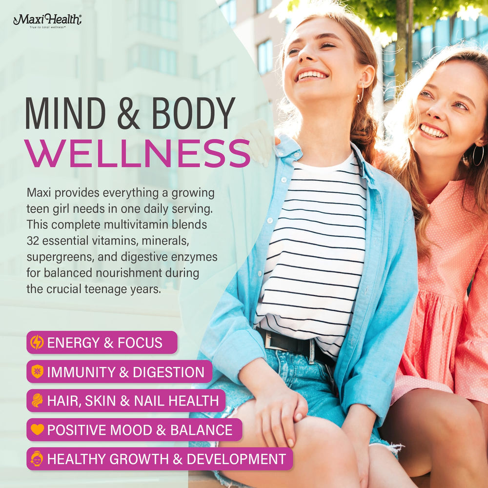 Maxi Health Teen Vitamins bottle with label view emphasizing 32 essential nutrients.