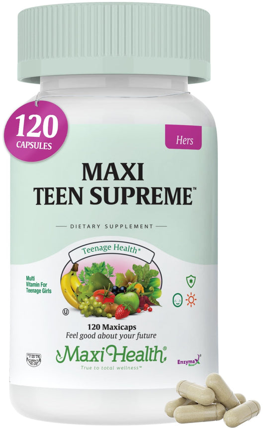 Maxi Health Teen Vitamins bottle view for daily teen nutrition and energy support.