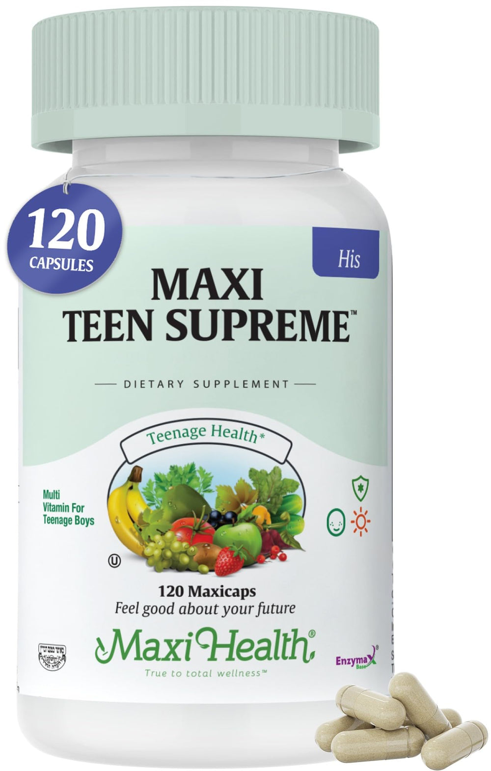 Maxi Health Teen Vitamins bottle front for teen boys, promoting growth and energy.