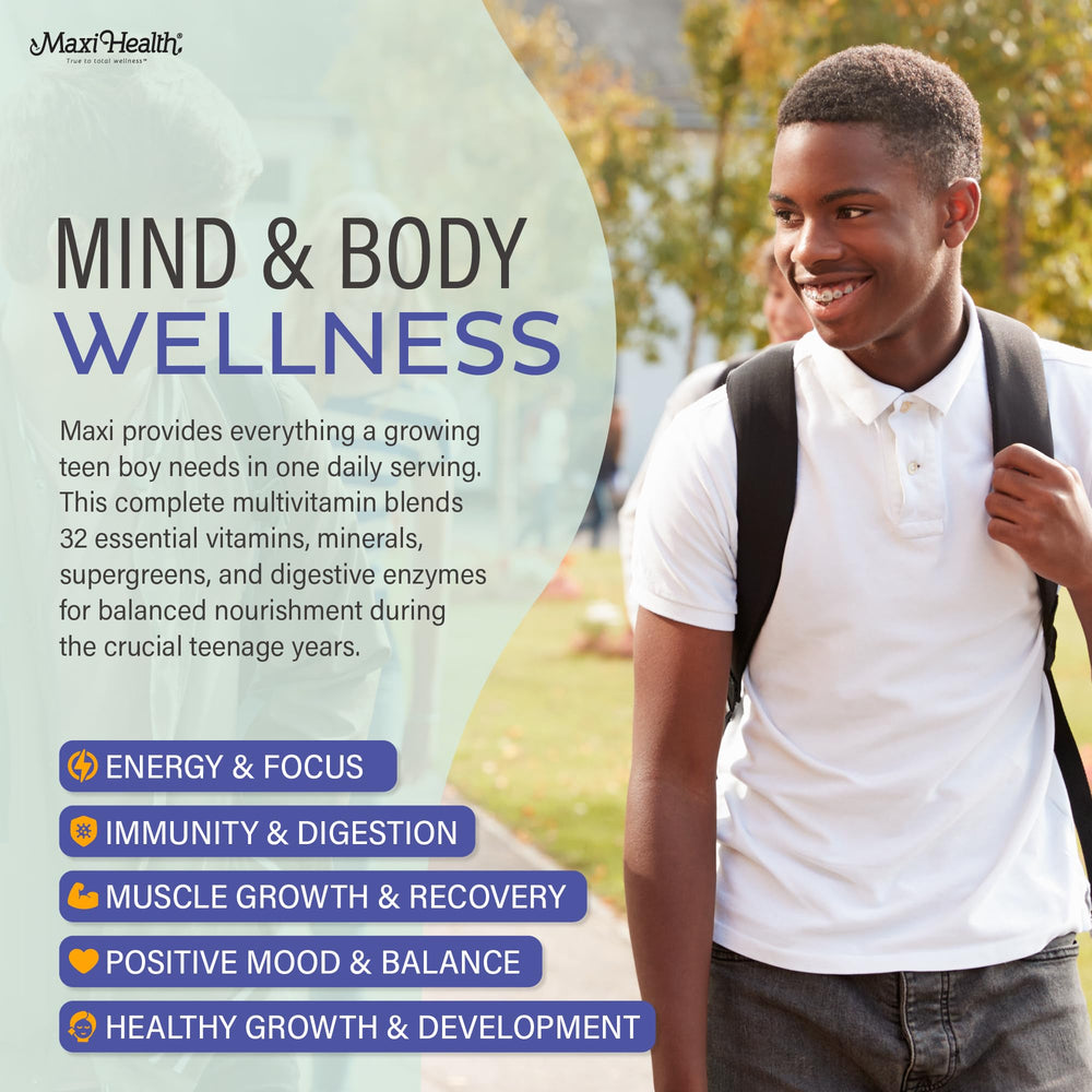 Maxi Health Teen Vitamins nutrition facts label shows essential nutrients.