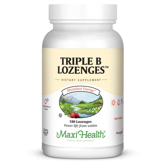 Maxi Health Triple B Lozenges strawberry bottle for convenient daily energy support.