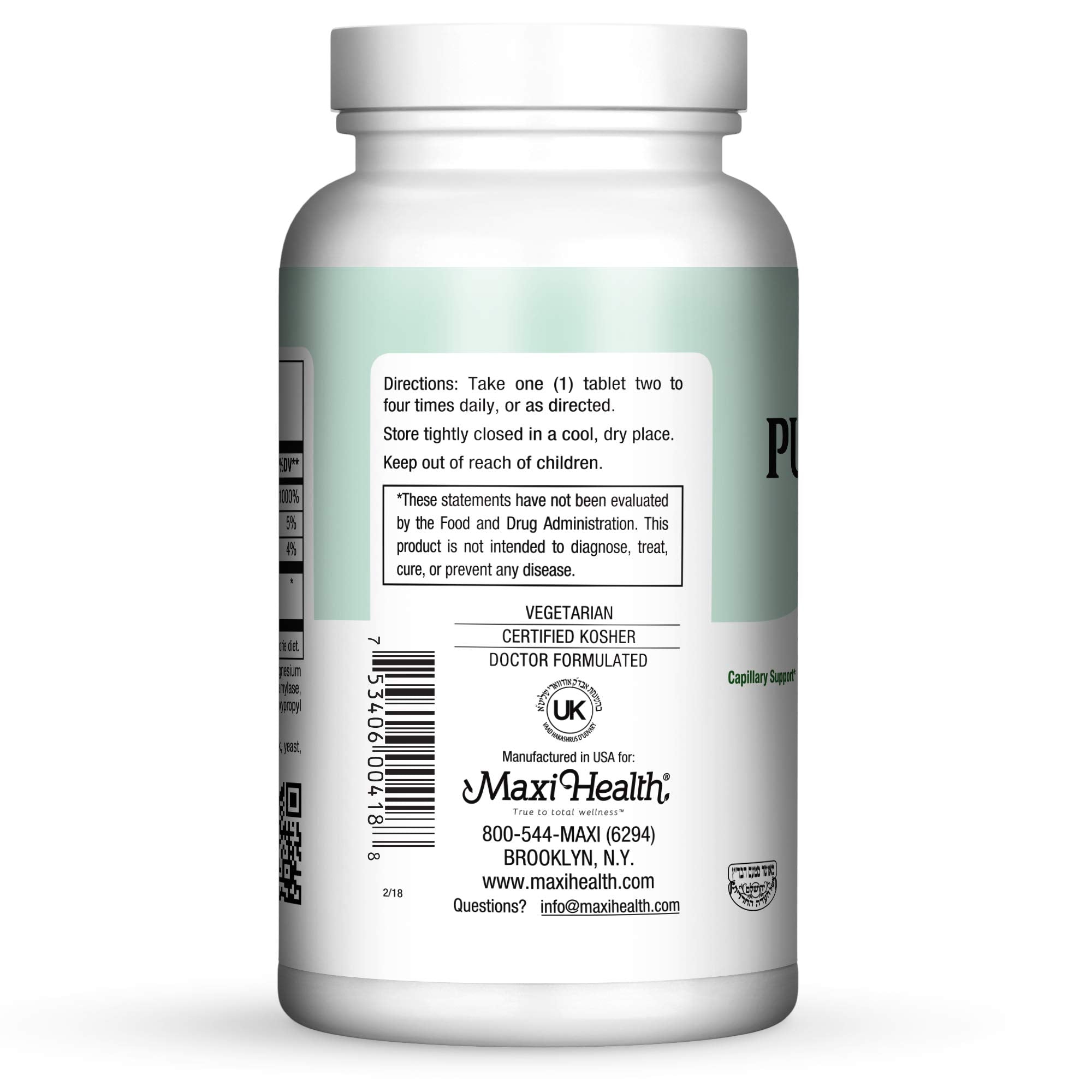 Maxi Health Vitamin C 600mg label close-up highlighting clean, vegan ingredients and kosher-certified formula.