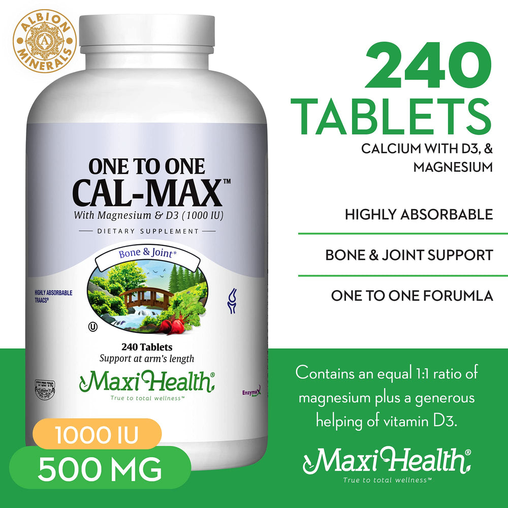 Maxi Health vitamin D3 1000 IU tablets supporting calcium absorption.