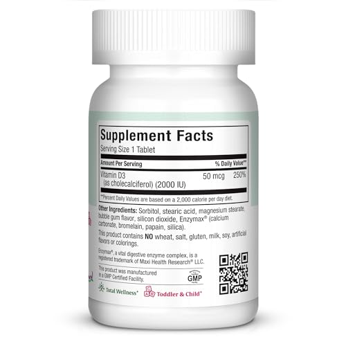 Maxi Health D3 bubble gum chewables in a bottle support daily bone health.