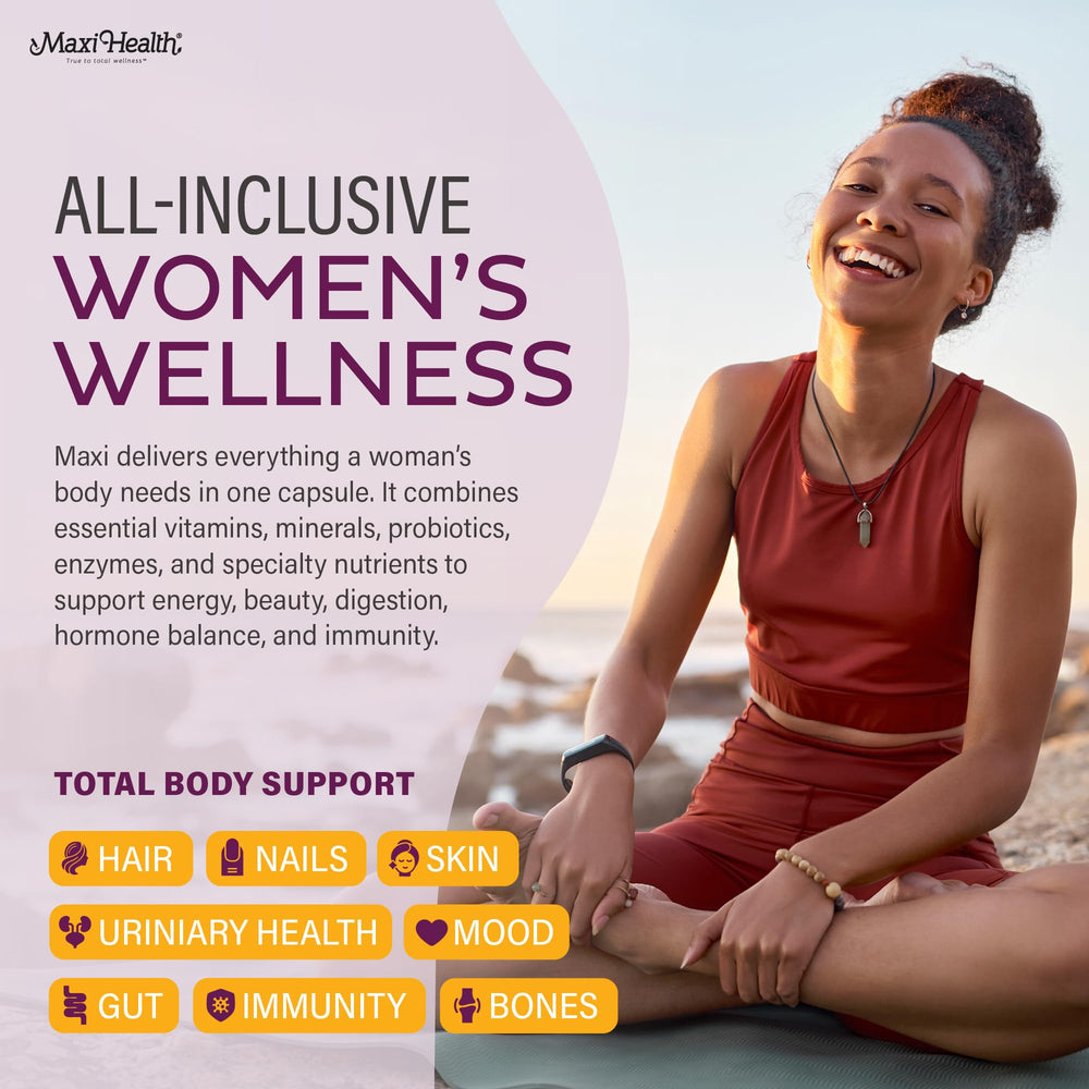 Maxi Health Women's Multivitamin capsules closeup, small and easy to swallow.