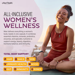 Maxi Health Women's Multivitamin capsules closeup, small and easy to swallow.