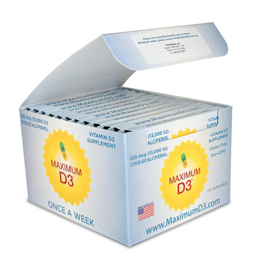 Maximum D3 box with 60 capsules shows a 60-week supply for bone health support.
