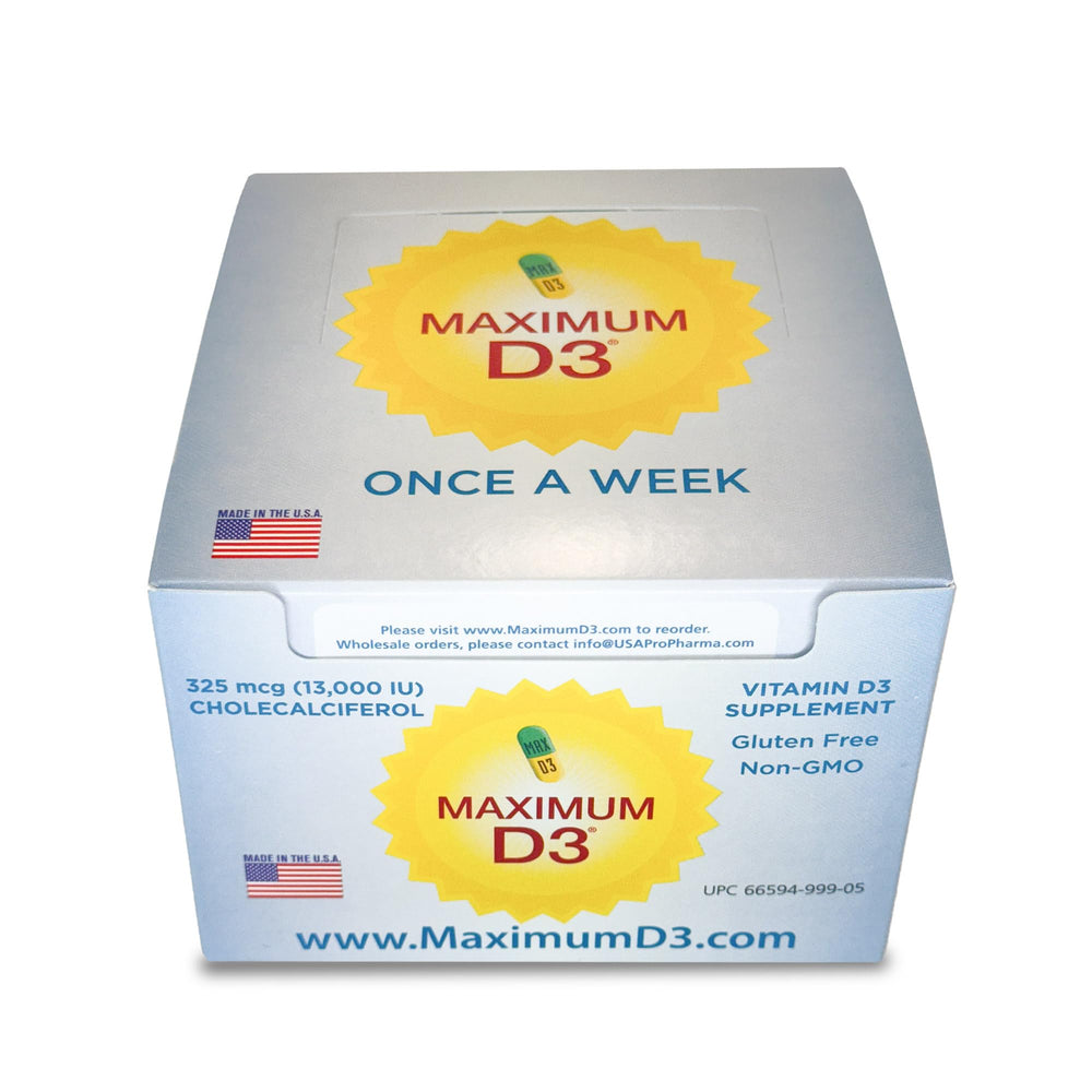 Maximum D3 box top view captures packaging texture and 60 capsules.