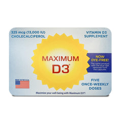 Maximum D3 capsules closeup highlights 13,000 IU per capsule and easy swallow.