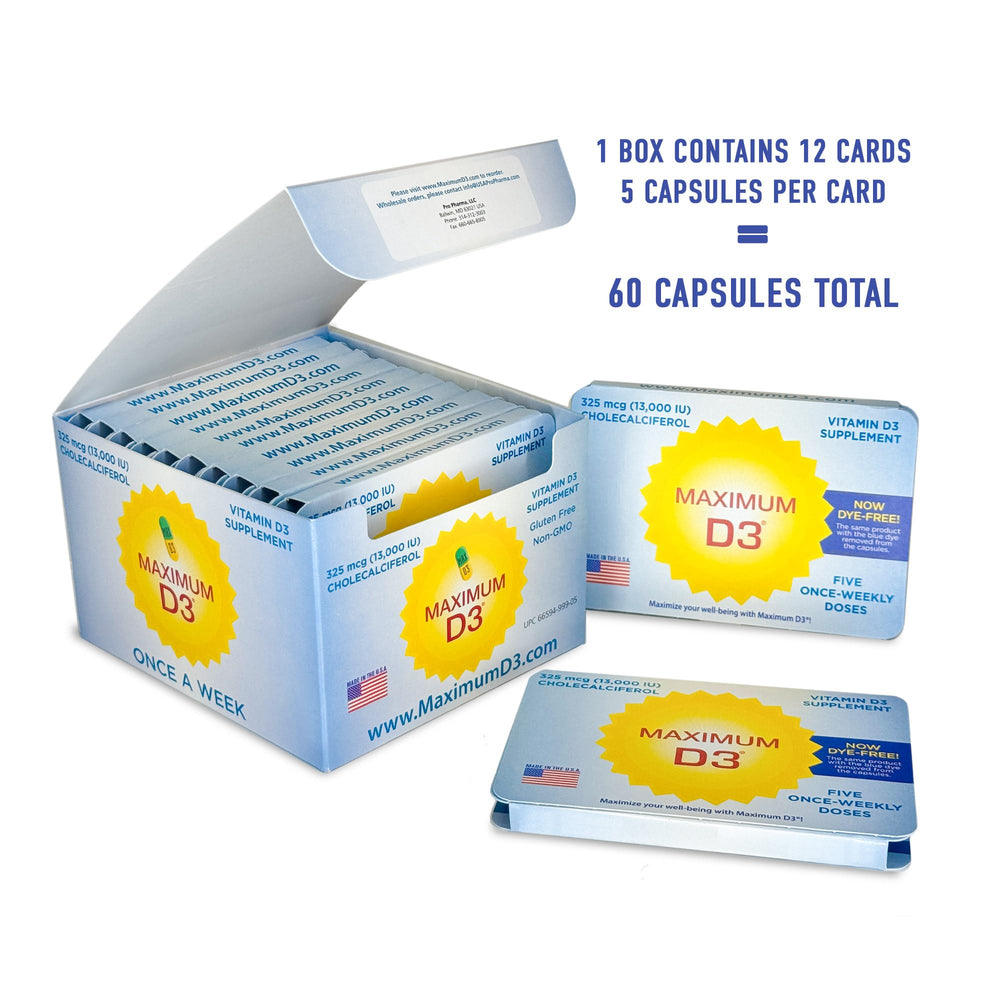 Maximum D3 card pack image emphasizes organized weekly dosing for convenient calcium intake.