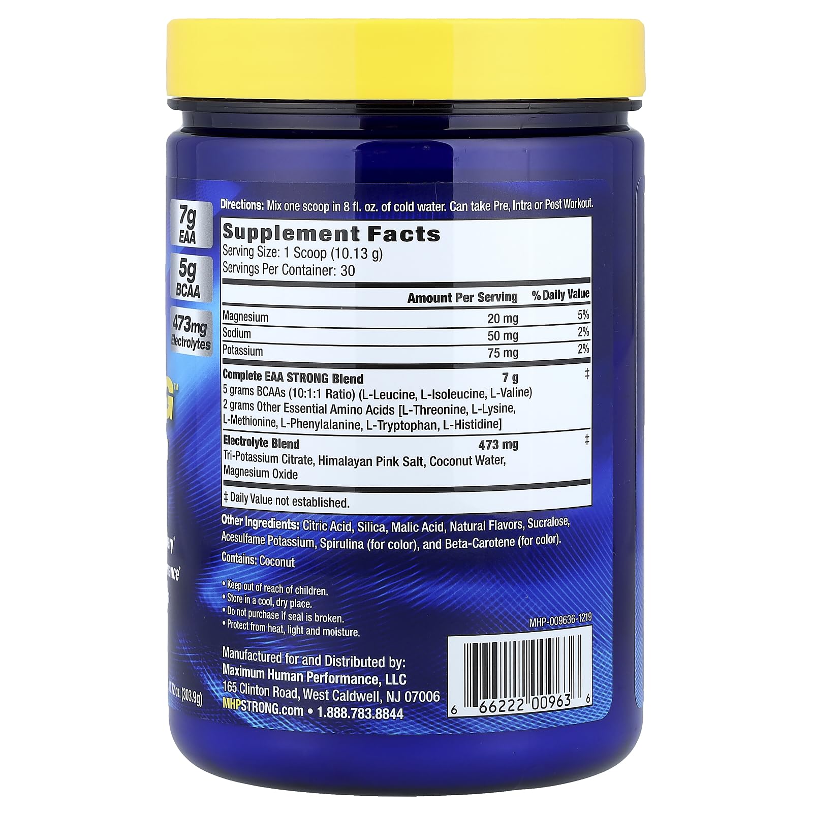 Maximum Human Performance EAA Strong powder dissolving quickly for fast recovery and sustained amino availability.