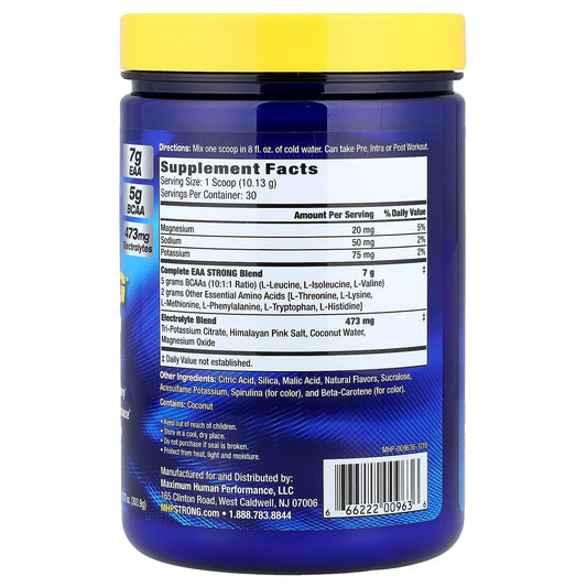 Maximum Human Performance EAA Strong powder dissolving quickly for fast recovery and sustained amino availability.