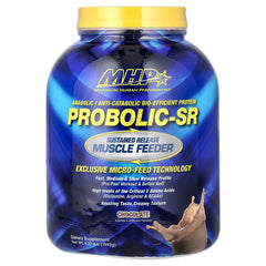 Maximum Human Performance Probolic-SR chocolate protein can with sustained release for ongoing amino acids.