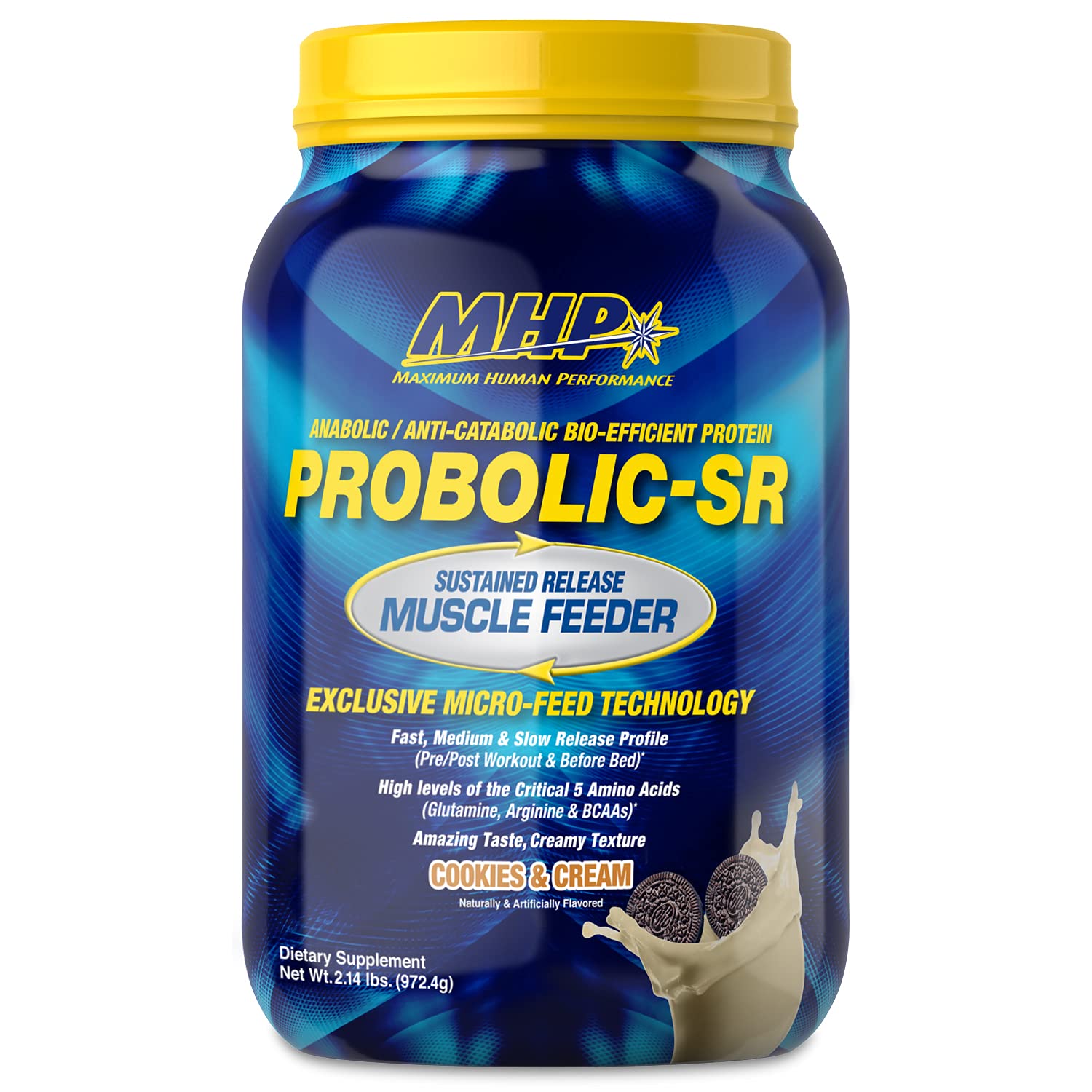 Maximum Human Performance Probolic-SR tub front label illustrating sustained amino acid delivery