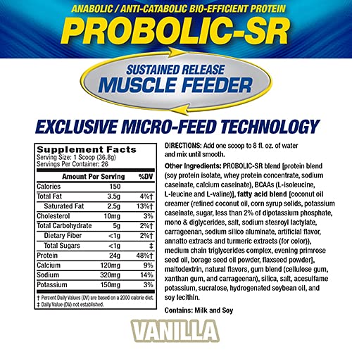 Maximum Human Performance Probolic-SR vanilla tub back view, highlighting ingredients for steady recovery