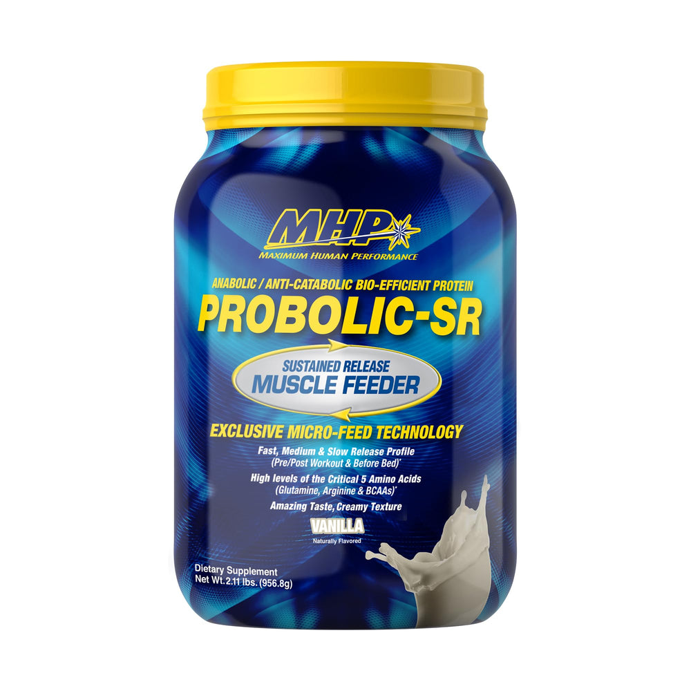 Maximum Human Performance Probolic-SR vanilla tub front view, showcasing sustained amino acid release