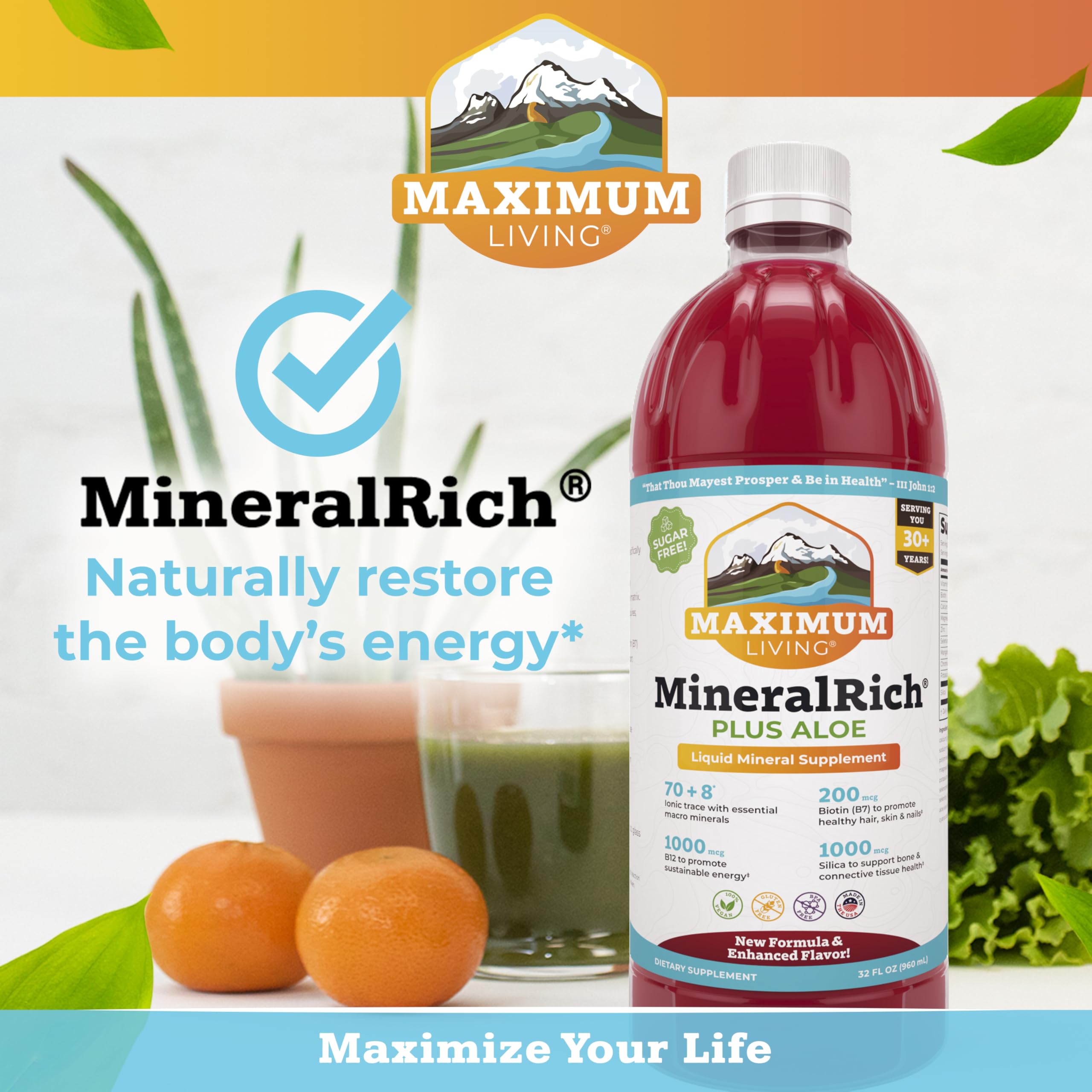 Maximum Living MineralRich aloe section suggests gentle digestion support