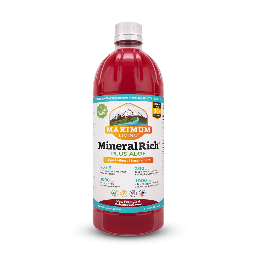 Maximum Living MineralRich bottle front showcases premium mineral blend for daily wellness