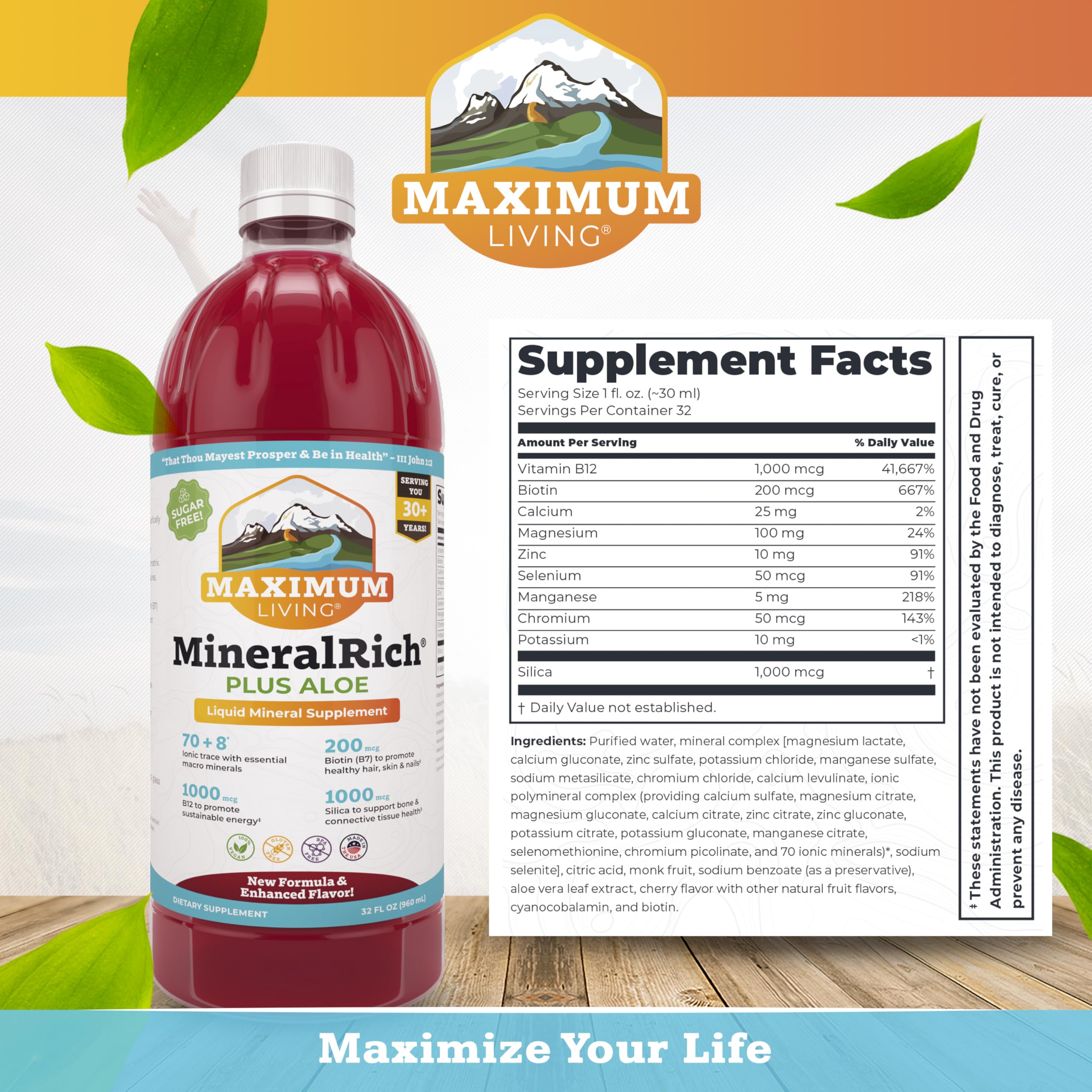 Maximum Living MineralRich bottle label highlights minerals and aloe for digestion-friendly nutrition