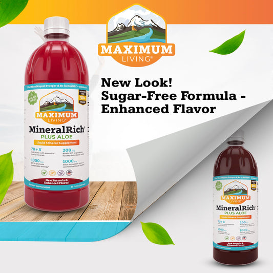Maximum Living MineralRich bottle pour demonstrates easy daily serving and balance