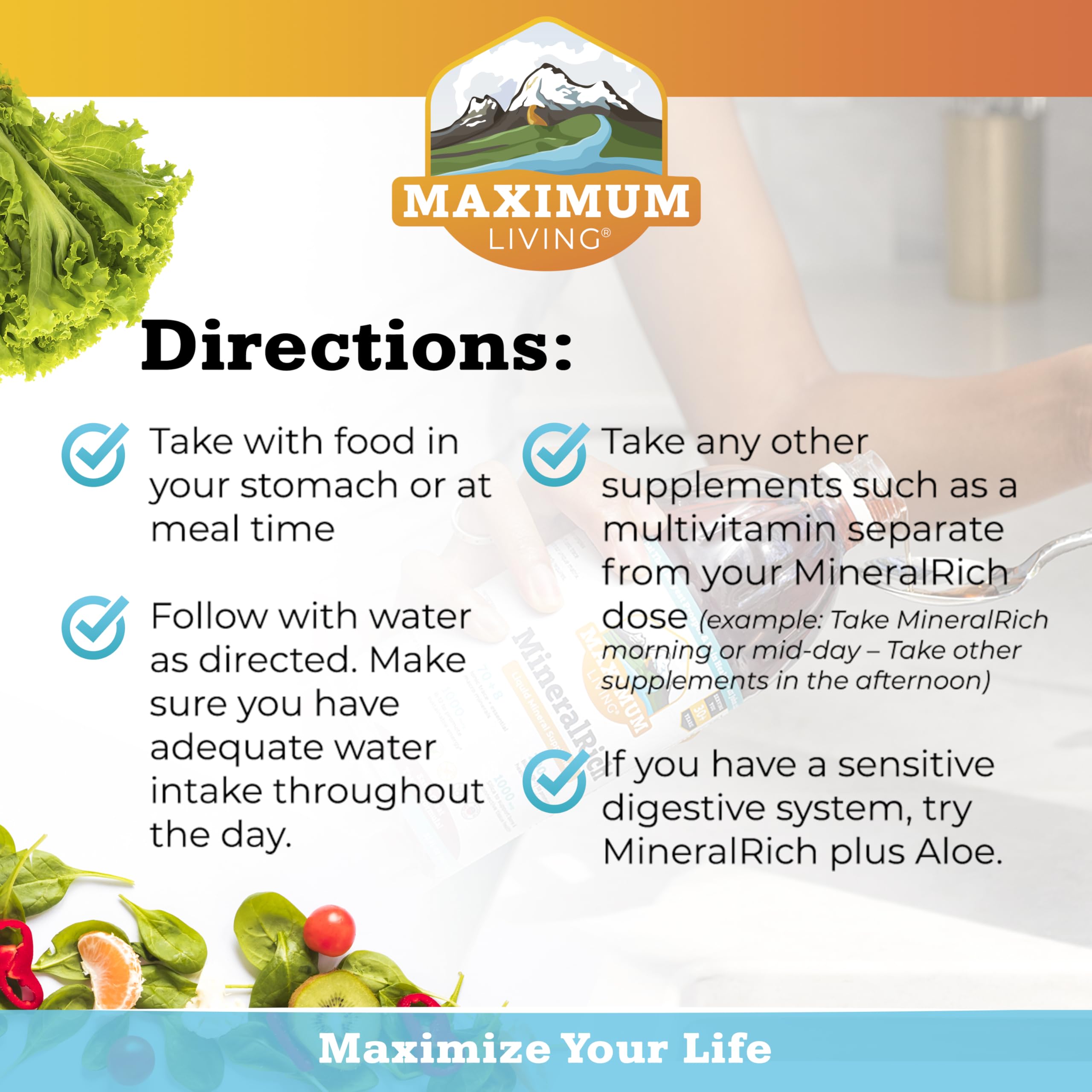 Maximum Living MineralRich ingredients map shows 70+ minerals plus Biotin and B12