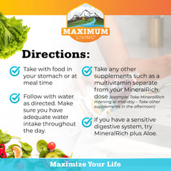 Maximum Living MineralRich ingredients map shows 70+ minerals plus Biotin and B12