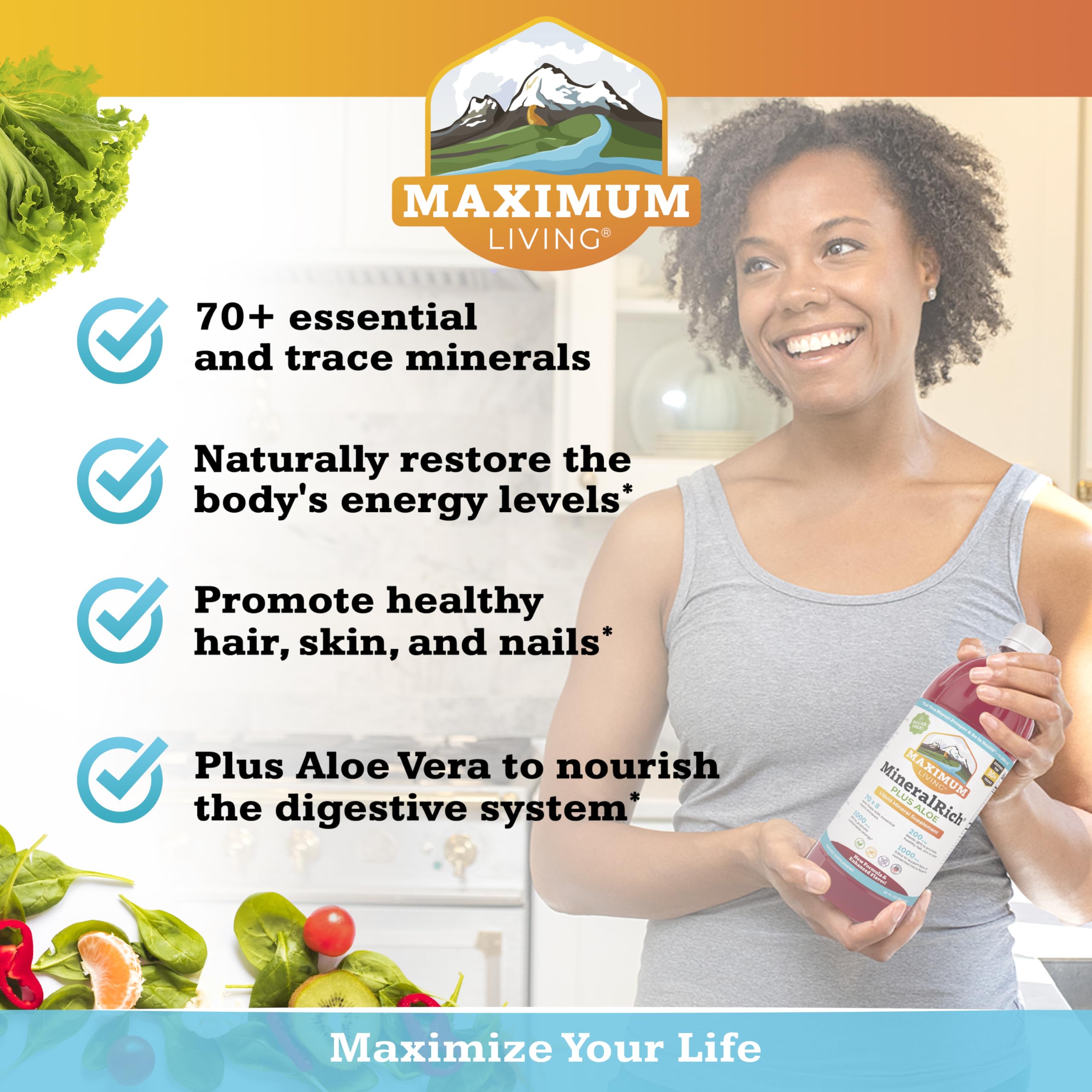 Maximum Living MineralRich nutrition facts panel presents minerals and vitamins at a glance