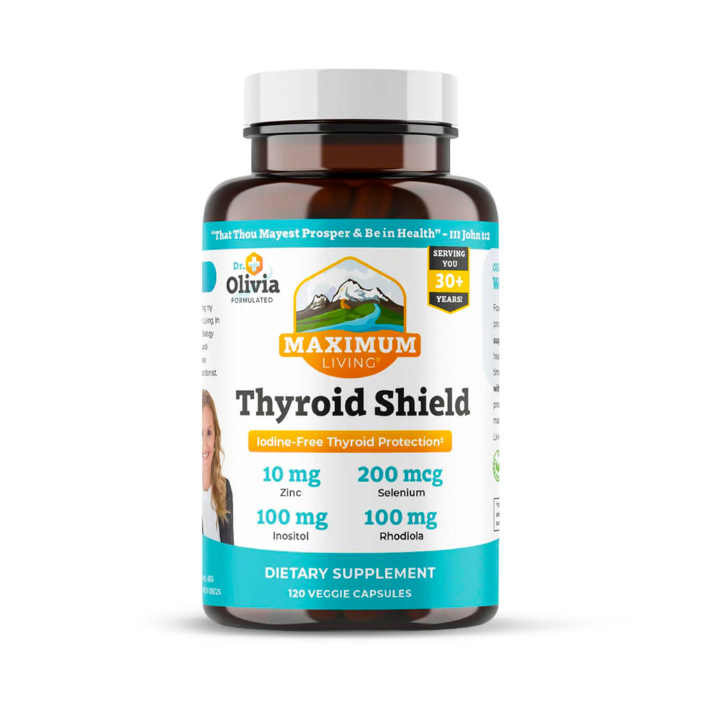 Maximum Living Thyroid Shield bottle for daily thyroid wellness support.