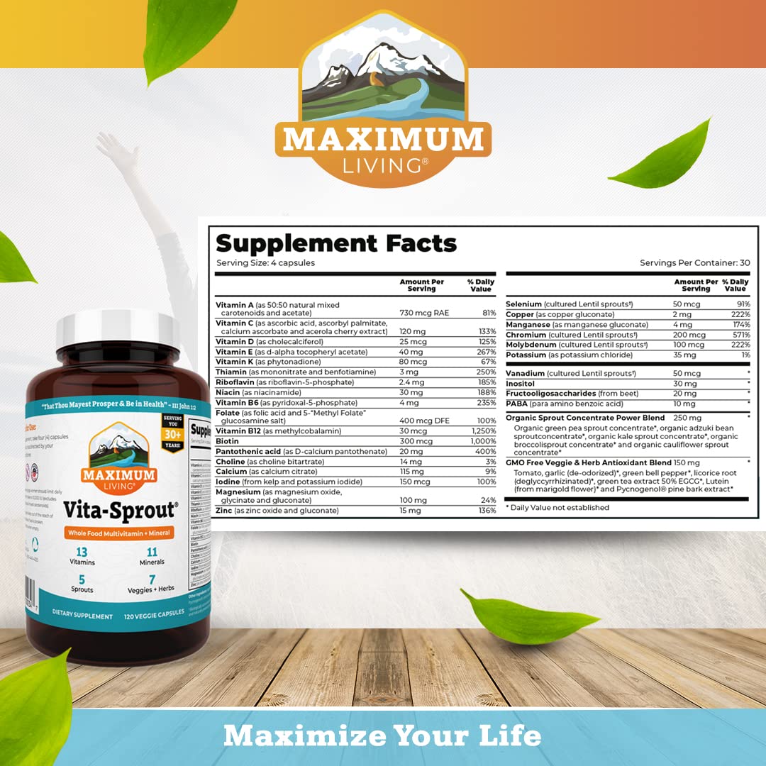 Maximum Living VitaSprout bottle back detailing vegan, GMO-free nutrition.