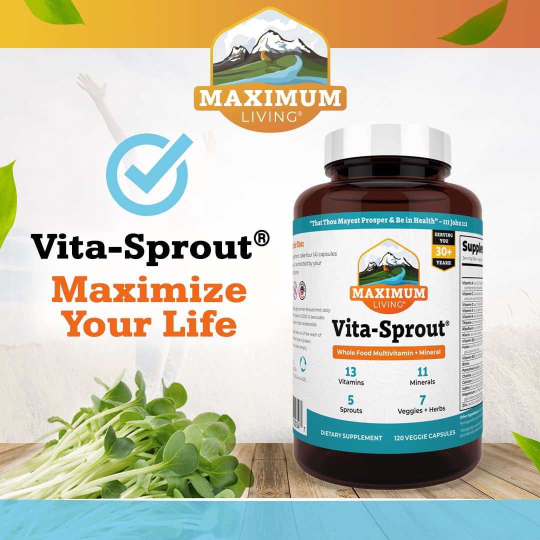 Maximum Living VitaSprout capsules close-up, highlighting convenient daily nutrition.