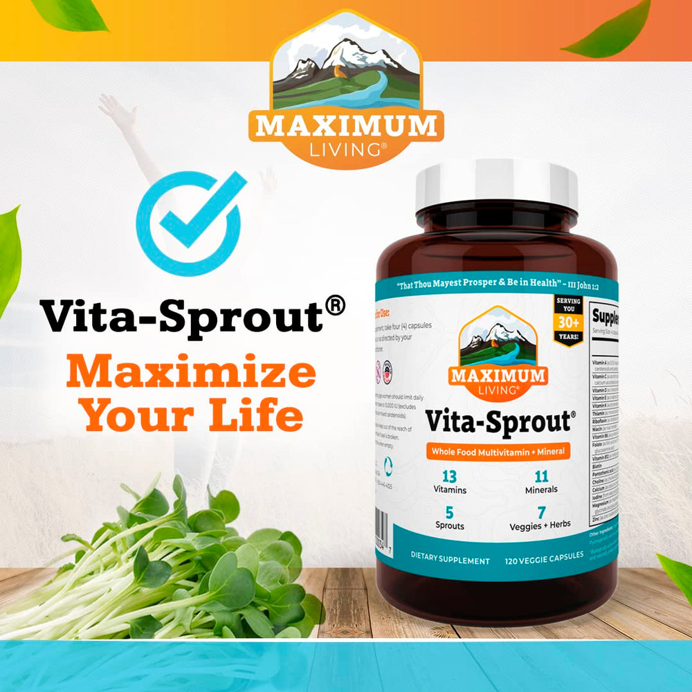 Maximum Living VitaSprout capsules close-up, highlighting convenient daily nutrition.