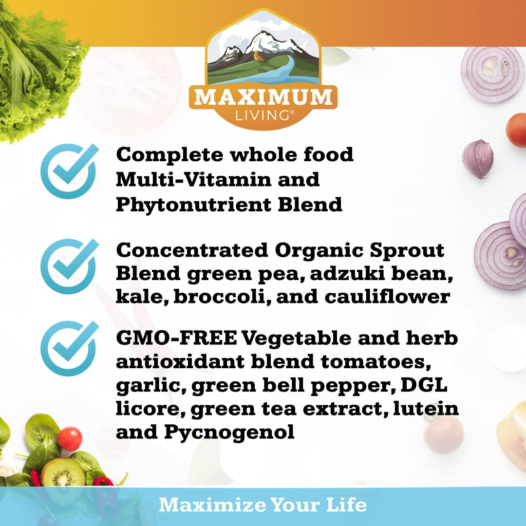 Maximum Living VitaSprout label highlights lutein, garlic, B12 benefits.