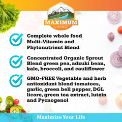 Maximum Living VitaSprout label highlights lutein, garlic, B12 benefits.