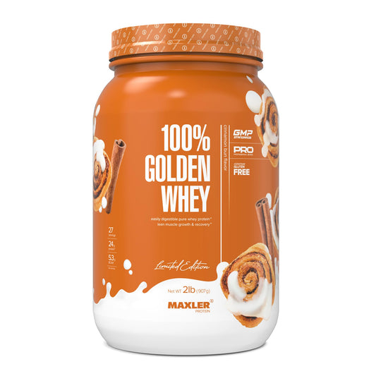 Maxler 100% Golden Whey Cinnamon Bun bottle shows 24 g protein per serving for muscle support.