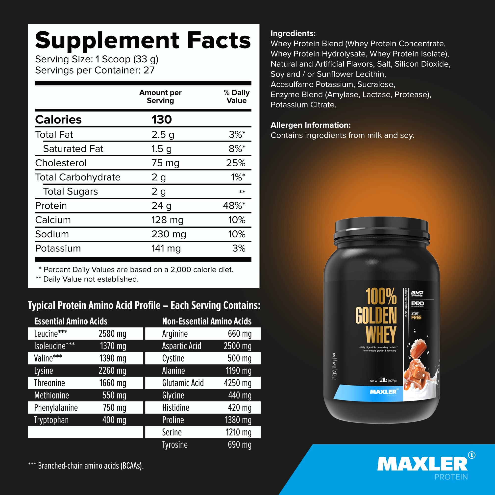 Maxler 100% Golden Whey enzyme blend close-up highlights digestion support.