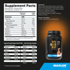 Maxler 100% Golden Whey enzyme blend close-up highlights digestion support.