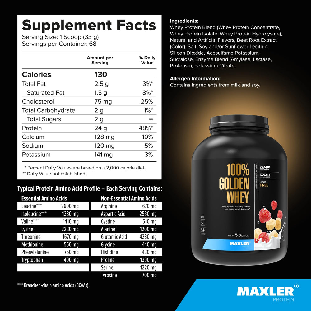 Maxler 100% Golden Whey Strawberry Banana flavor among 10+ options
