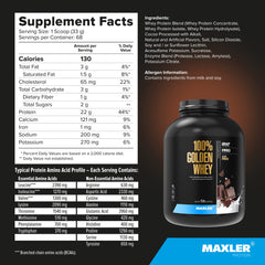 Label close-up of Maxler 100% Golden Whey, featuring Rich Chocolate flavor.