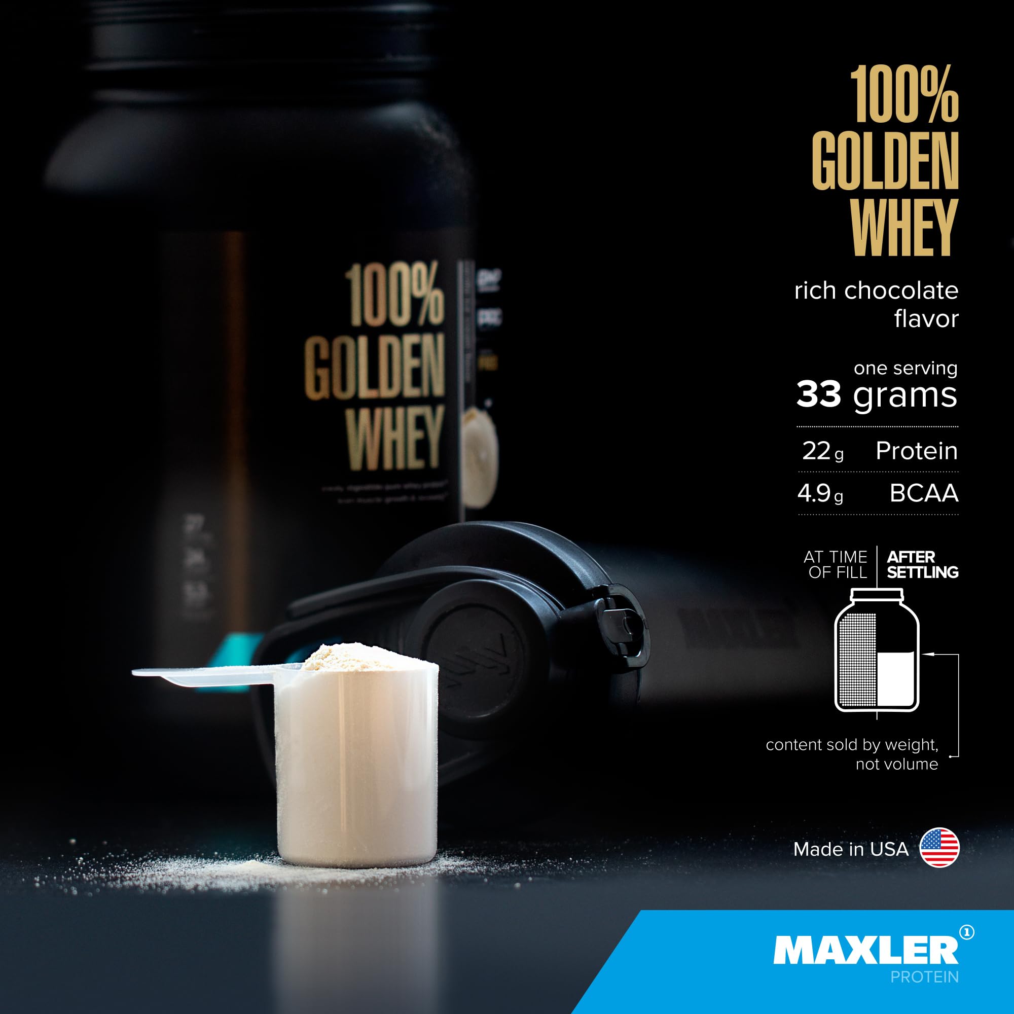 Shaker with Maxler 100% Golden Whey being mixed into a creamy post-workout shake.