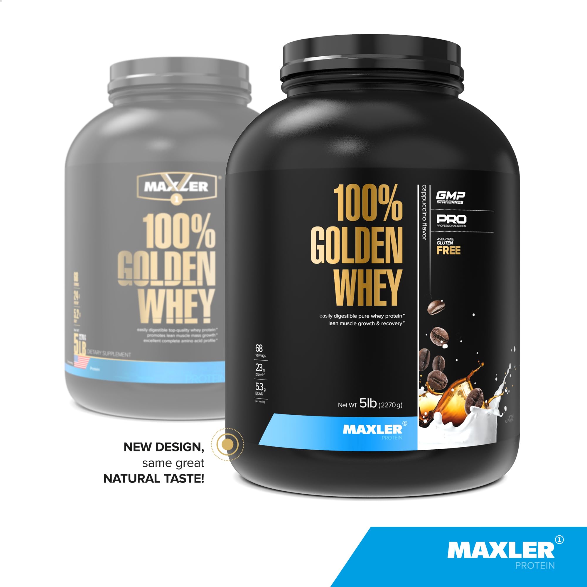 Maxler 100% Golden Whey scoop and glass showcases convenient serving for shake-time.