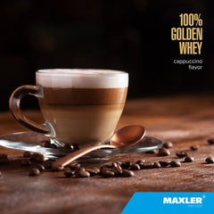 Maxler 100% Golden Whey shake in tumbler highlights tasty, low-sugar post-workout option.