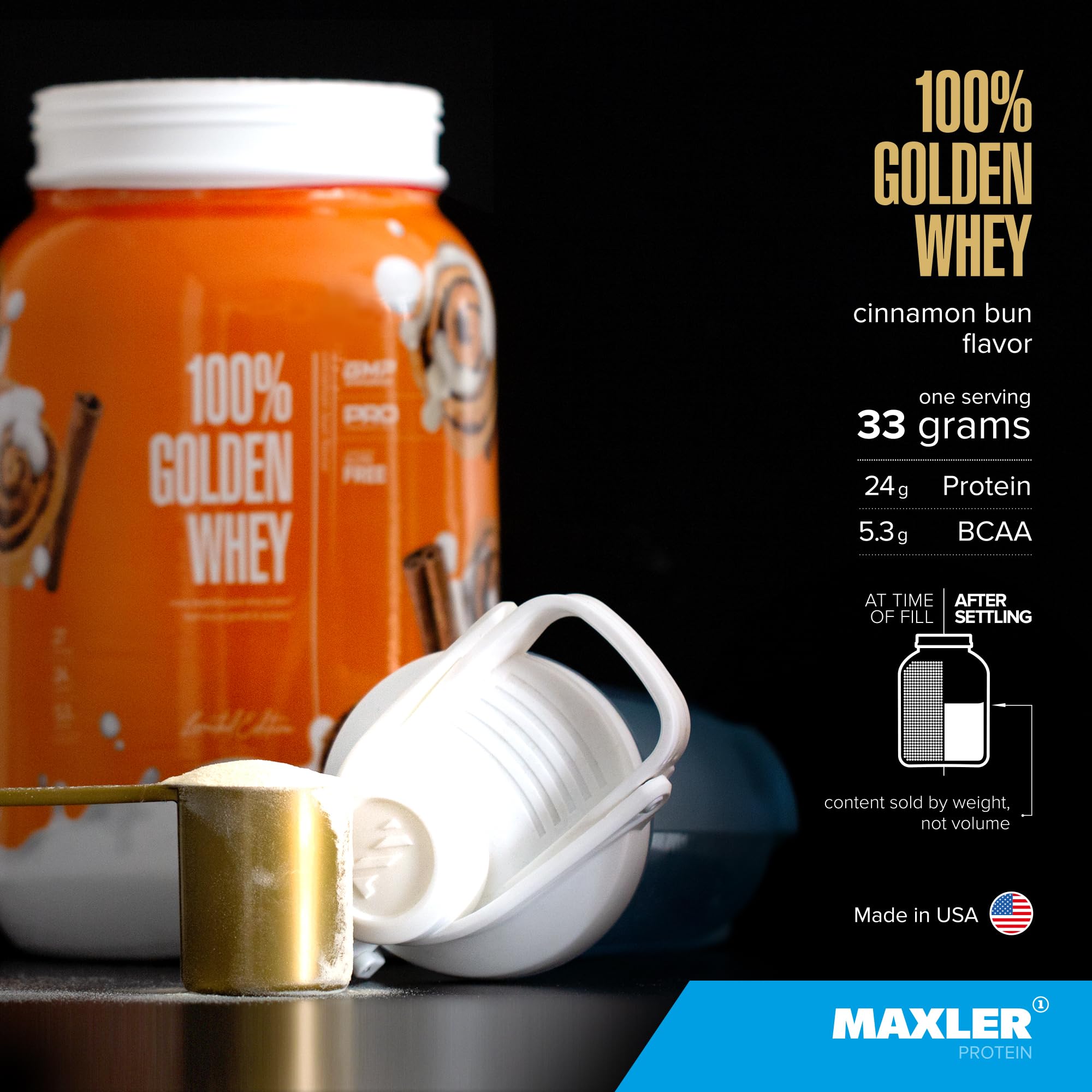 Smooth mix of Maxler 100% Golden Whey in a glass demonstrates easy blending and rich texture.