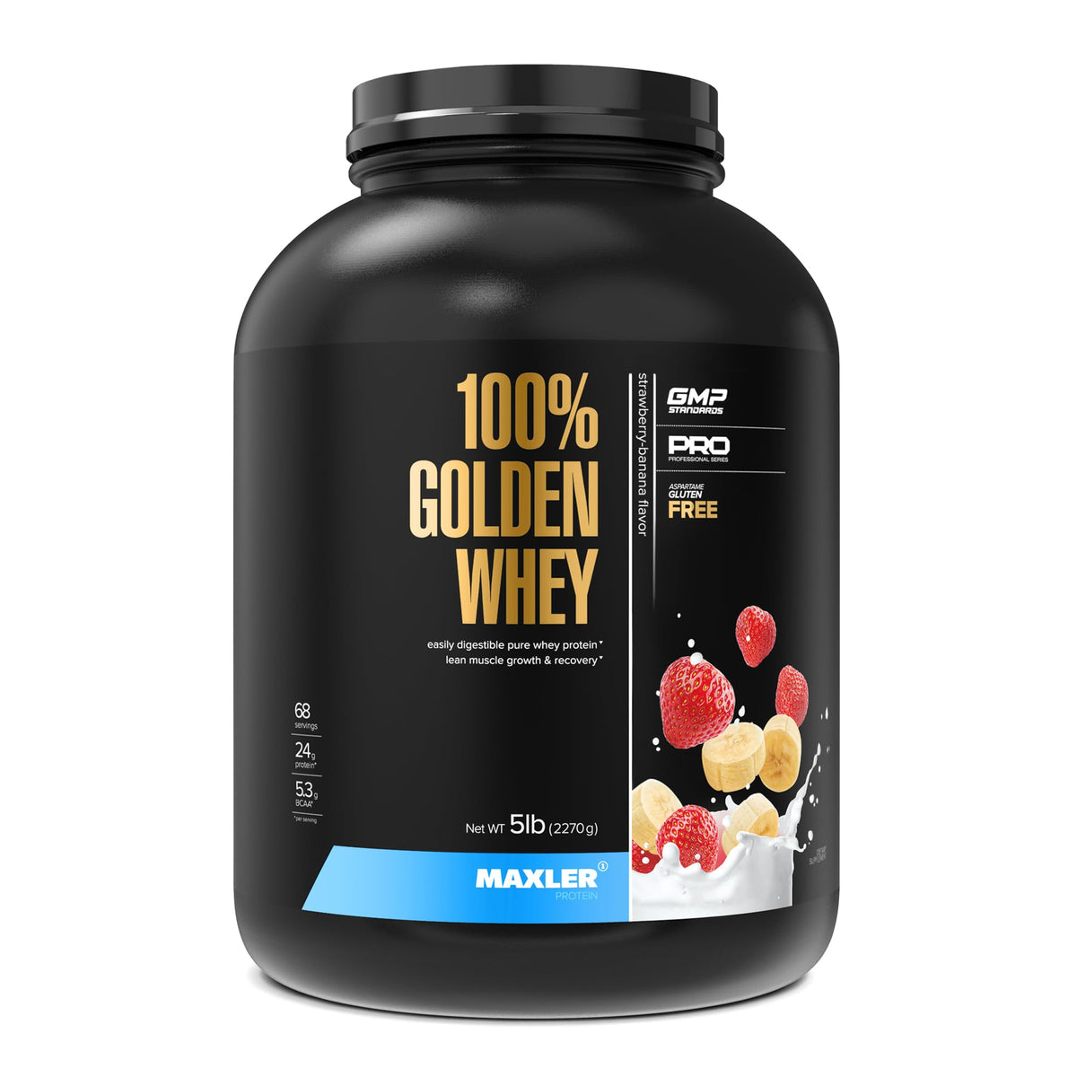 Maxler 100% Golden Whey strawberry banana powder in canister for a post-workout shake