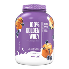 Maxler 100% Golden Whey blueberry muffin tub for post-workout protein fueling.