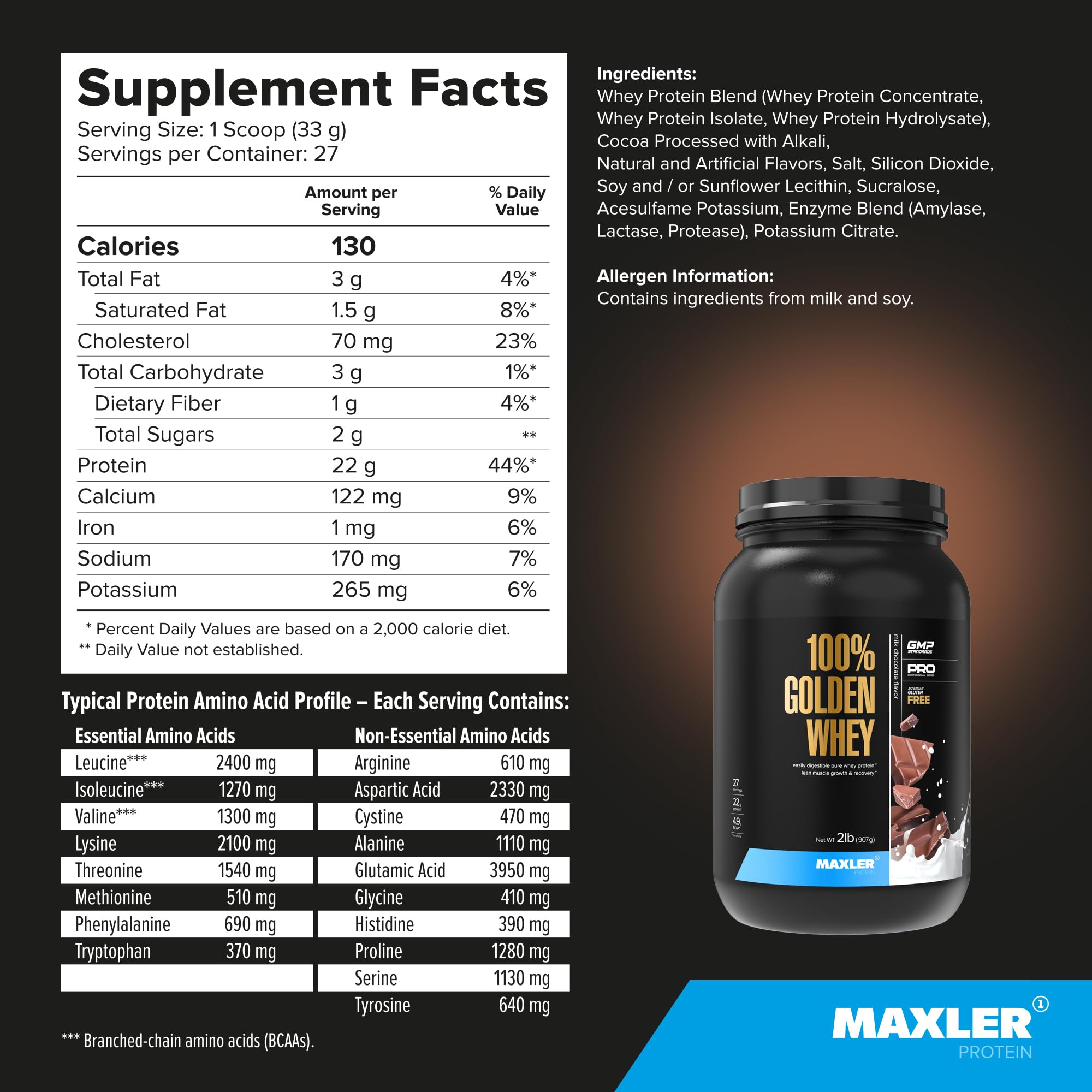 Maxler 100% Golden Whey chocolate powder delivers smooth mixability.