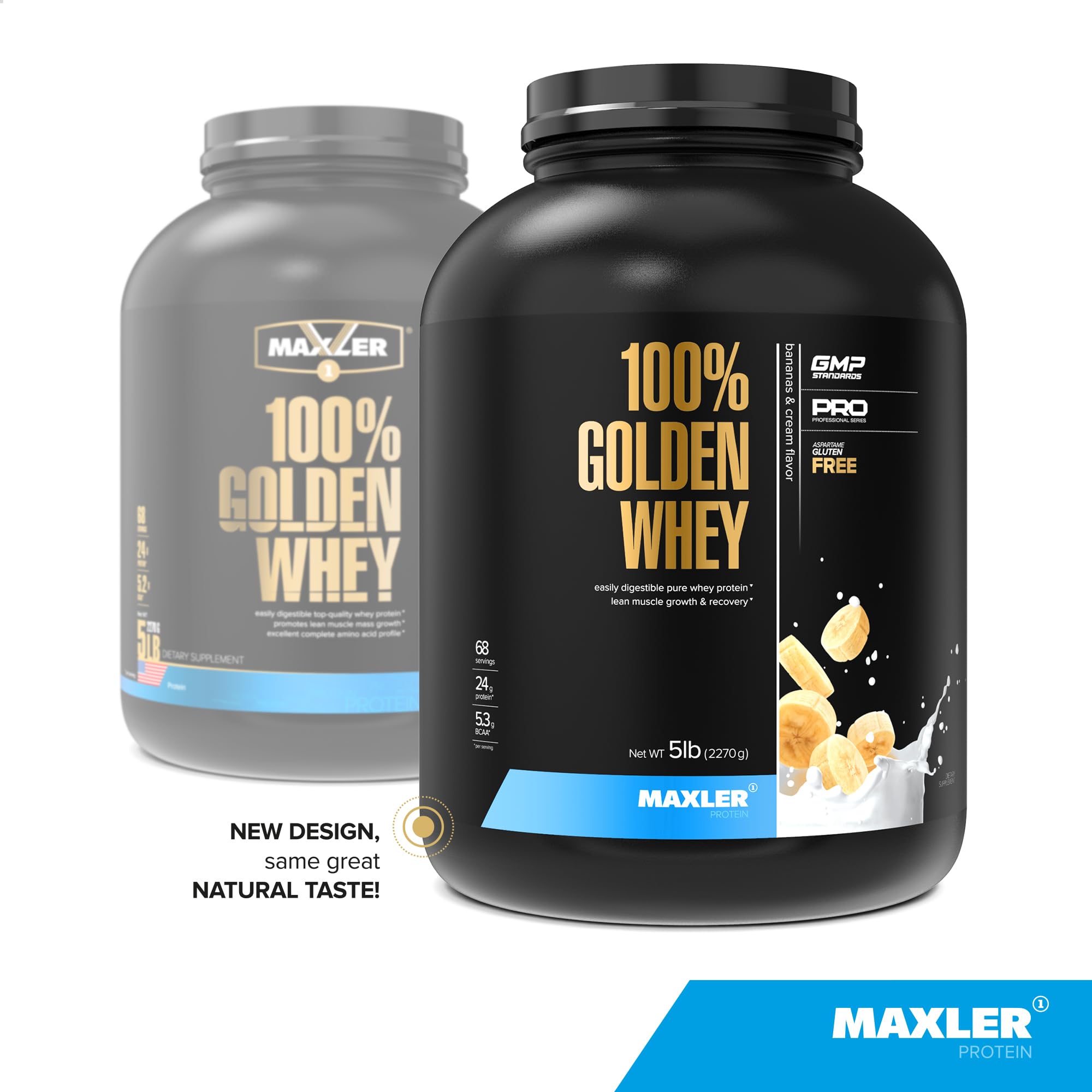 Maxler 100-percent Golden Whey being poured into a glass for a post-workout shake.
