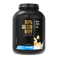 Maxler 100-percent Golden Whey banana-cream tub on shelf, ideal high-protein shake base.
