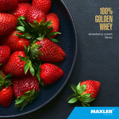 Maxler 100% Golden Whey scoop close-up showing creamy powder