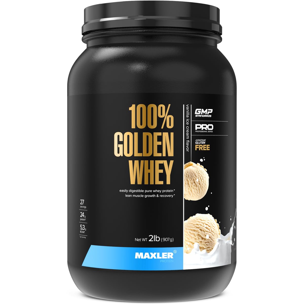 Maxler 100% Golden Whey Vanilla Ice Cream 2 lb, vanilla flavor close-up for shakes.