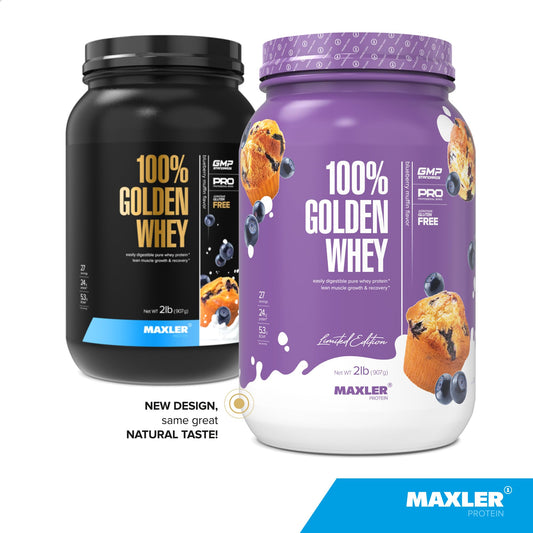 Maxler 100% Golden Whey powder with scoop for precise serving and quick mixing